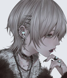 Rule 34 | 1girl, absurdres, barbell piercing, blonde hair, captive bead ring, chain, chain necklace, choker, collarbone piercing, cross, cross earrings, ear piercing, earbuds, earphones, earrings, fur trim, goth fashion, grey eyes, hair ornament, hairclip, hand on own face, highres, industrial piercing, jewelry, labret piercing, lip piercing, lips, lipstick, looking to the side, makeup, mano aaa, medium hair, messy hair, multiple earrings, multiple piercings, multiple rings, nail polish, necklace, open mouth, original, ornate ring, piercing, portrait, ring, shirt, simple background, solo, spiked choker, spikes, stud earrings, white background, white shirt