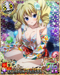 Rule 34 | 1girl, bishop (chess), blonde hair, blue eyes, breasts, card (medium), character name, chess piece, cleavage, drill hair, hair ornament, high school dxd, japanese clothes, large breasts, official art, ravel phenex, solo, twin drills, twintails