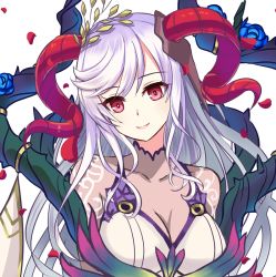 Rule 34 | 1girl, breasts, cleavage, closed mouth, eyes visible through hair, fire emblem, fire emblem heroes, flower, freyja (fire emblem), horns, long hair, nintendo, petals, red eyes, shira yu ki, silver hair, simple background, smile, solo, upper body, white background