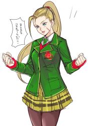 Rule 34 | 1girl, :d, adapted costume, blonde hair, blue eyes, cammy white, clenched hands, collared shirt, cowboy shot, green jacket, green necktie, highres, jacket, long hair, long sleeves, necktie, open mouth, pantyhose, ponytail, purple pantyhose, shirt, simple background, sketch, skirt, smile, solo, standing, street fighter, tetsu (kimuchi), translated, white background, wing collar, yellow skirt