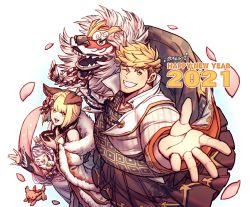 Rule 34 | 1boy, 2021, 2girls, absurdres, alternate costume, animal, blonde hair, character request, chinese new year, foreshortening, from side, granblue fantasy, green eyes, happy new year, highres, lion dance, multiple girls, muscular, muscular male, new year, one eye closed, oneirio, pectorals, petals, scarf, short hair, smile, vane (granblue fantasy), vane (sunrise hakama) (granblue fantasy)