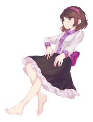 Rule 34 | 1girl, barefoot, black skirt, brown eyes, brown hair, closed mouth, commentary request, frilled skirt, frills, hairband, highres, korean commentary, long sleeves, looking at viewer, orchid (pixiv3730518), purple hairband, shirt, simple background, skirt, smile, solo, touhou, tsukumo yatsuhashi, white background, white shirt