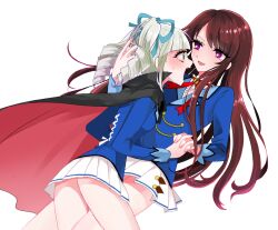 Rule 34 | 2girls, aikatsu! (series), black cape, blue jacket, blue ribbon, blush, brown hair, cape, commentary request, drill hair, fang, green eyes, grey hair, hair ribbon, holding hands, interlocked fingers, jacket, long sleeves, monu 0928, multiple girls, neck ribbon, open mouth, pleated skirt, purple eyes, red cape, red ribbon, ribbon, school uniform, shibuki ran, simple background, skirt, smile, todo yurika, twin drills, two-sided cape, two-sided fabric, vampire, white background, white skirt, yuri