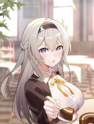 Rule 34 | 1girl, alternate costume, black hairband, black jacket, breasts, cake, commentary request, feeding, firefly (honkai: star rail), food, grey hair, hairband, highres, holding, holding spoon, honkai: star rail, honkai (series), incoming food, indoors, jacket, large breasts, long hair, long sleeves, looking at viewer, neck ribbon, oak cake roll (honkai: star rail), open mouth, purple eyes, ribbon, solo, spoon, two side up, upper body, very long hair, xion32, yellow ribbon