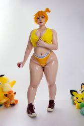 Rule 34 | 1girl, absurdres, adapted costume, asian, ass, asymmetrical hair, bare legs, blush, breasts, bulbasaur, charmander, cosplay, cowboy shot, creatures (company), game freak, gen 1 pokemon, gen 2 pokemon, green eyes, gym leader, highres, huge ass, large breasts, legs, meowth, misty (pokemon), nintendo, orange hair, photo (medium), pichu, plump, poke ball, pokemon, pokemon (anime), pokemon (classic anime), ponytail, psyduck, shirt, shoes, short hair, side ponytail, sideboob, simple background, solo, squirtle, tank top, thick thighs, thighs, thong, uyuy2907, vulpix, wet, white background, wide hips, yellow shirt, yellow tank top