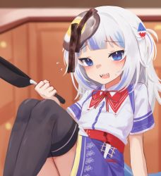Rule 34 | 1girl, :d, absurdres, akai haato, akai haato (1st costume), akai haato (cosplay), black thighhighs, blue eyes, blue hair, blue skirt, blurry, blurry background, blush, burnt food, collar, commentary, cooking, cosplay, depth of field, egg, failure, feet out of frame, food, food on head, frying pan, gawr gura, hair ornament, hand up, highres, holding, hololive, hololive english, klaius, looking at viewer, multicolored hair, neck ribbon, object on head, open mouth, red collar, red ribbon, ribbon, sailor, sailor collar, school uniform, sharp teeth, short sleeves, sitting, skirt, smile, solo, streaked hair, teeth, thighhighs, virtual youtuber, white hair
