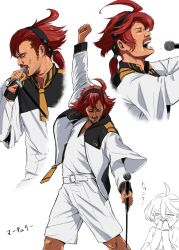 Rule 34 | 1boy, 4shi, character request, cosplay, facial hair, freddie mercury, fusion, gundam, gundam suisei no majo, highres, holding, holding microphone, male focus, microphone, microphone stand, miorine rembran, multiple views, music, mustache, name connection, queen (band), red hair, shorts, singing, suletta mercury, suletta mercury (cosplay), white shorts