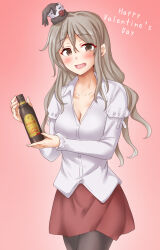 Rule 34 | 1girl, alcohol, anti (untea9), black pantyhose, bottle, bow, bowtie, breasts, brown eyes, drunk, gradient background, grey hair, hat, highres, kantai collection, long sleeves, medium breasts, mini hat, open clothes, open mouth, open shirt, pantyhose, pink background, pola (kancolle), red skirt, shirt, skirt, solo, thick eyebrows, tilted headwear, valentine, wavy hair, white shirt, wine, wine bottle