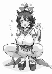 Rule 34 | 1girl, ahoge, animal ears, bare shoulders, blue archive, blush, breasts, detached sleeves, fang, greyscale, hair between eyes, hair bun, heart, highres, kaede (blue archive), large breasts, looking at viewer, monochrome, nana (manaita koumuten), okobo, open mouth, oppai loli, panties, sailor collar, sandals, short hair, single side bun, skin fang, smile, solo, squatting, thighhighs, underwear, wide sleeves