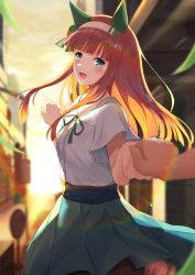 Rule 34 | 1girl, absurdres, animal ears, blurry, blurry background, casual, collarbone, commentary request, headband, highres, horse ears, horse girl, horse tail, long hair, looking at viewer, magic chocolate, necklance, orange hair, pov, pov ahnds, silence suzuka (umamusume), solo focus, sunseat, tail, umamusume