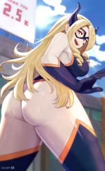 Rule 34 | 1girl, :d, absurdres, artist name, ass, billboard, blonde hair, blue sky, bodysuit, boku no hero academia, breasts, building, cloud, commentary, domino mask, english commentary, from behind, giant, giantess, gloves, highres, horns, large breasts, long hair, looking at viewer, mask, milestone celebration, mount lady, open mouth, parted bangs, purple horns, purple mask, red eyes, shibarinsfw, sky, smile, solo, sunlight, superhero costume, teeth, thighs, upper teeth only