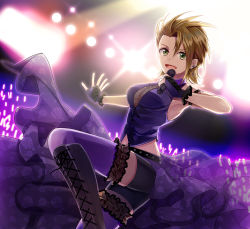 Rule 34 | 1girl, :d, armpits, audience, bike shorts, black footwear, black shorts, boots, breasts, brown hair, cleavage, cross-laced footwear, ear piercing, earrings, fingerless gloves, frilled thighhighs, frills, gloves, green eyes, holding, holding microphone, idol, idolmaster, idolmaster cinderella girls, jewelry, kimura natsuki, knee boots, lace-up boots, leg up, looking at viewer, medium breasts, microphone, miri (roll), open mouth, outstretched arm, piercing, purple gloves, purple thighhighs, purple vest, see-through, short hair, short shorts, shorts, smile, solo, stage, thighhighs, vest, waist cape