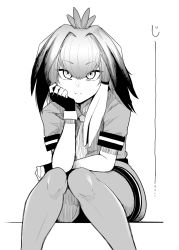 Rule 34 | 10s, 1girl, ahoge, bodystocking, check translation, expressionless, fingerless gloves, gloves, greyscale, head rest, highres, kemono friends, knees together feet apart, looking at viewer, monochrome, necktie, shirt, shoebill (kemono friends), short hair, short sleeves, simple background, sitting, translated, translation request, tsurime, warugaki (sk-ii), white background