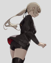 Rule 34 | 1girl, artoria pendragon (all), artoria pendragon (fate), belt, black footwear, black hairband, black jacket, black shirt, black shorts, blonde hair, boots, cotta (heleif), fate (series), grey background, hairband, highres, jacket, looking at viewer, open clothes, ponytail, saber alter, saber alter (ver. shinjuku 1999) (fate), shirt, short shorts, shorts, simple background, thigh boots, thighhighs, white belt, yellow eyes, zettai ryouiki