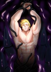 Rule 34 | 1boy, abs, arms up, bara, blonde hair, blood, bloody tears, cowboy shot, cuts, facial hair, fle0423, highres, injury, large pectorals, lewis smith, male focus, muscular, muscular male, navel, pectorals, sideburns stubble, sleeping, solo, stomach, stubble, tentacles, tentacles on male, thick eyebrows, yuuki bakuhatsu bang bravern