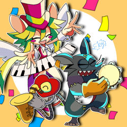 Rule 34 | 1girl, 2boys, animal ears, blush stickers, breasts, ear tag, gloves, green hair, hat, heart (mad rat dead), instrument, leotard, mad rat, mad rat dead, mouse (animal), mouse ears, mouse girl, mouse tail, multiple boys, nippon ichi, piano keys, rat god, red eyes, saxophone, stitches, tail, tambourine, tie clip, top hat, wings, wrist cuffs