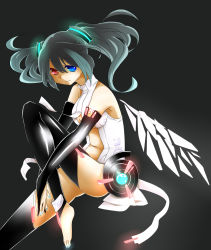 Rule 34 | 1girl, bad id, bad pixiv id, barefoot, black hair, blue eyes, blue nails, bridal gauntlets, cosplay, elbow gloves, fingerless gloves, gloves, hatsune miku, hatsune miku (append), highres, long hair, miku append (cosplay), nail polish, navel, necktie, red eyes, simple background, smile, solo, sukoyaka (100hituzi), thighhighs, toes, twintails, utau, vocaloid, vocaloid append, wings, yokune ruko, zettai ryouiki