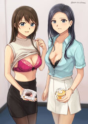 Rule 34 | 2girls, black hair, black pantyhose, black thighhighs, blue eyes, blue shirt, bra, breasts, cleavage, collared shirt, commentary request, commission, earrings, food, highres, jewelry, multiple girls, office lady, pantyhose, pencil skirt, pixiv commission, setu kurokawa, shirt, skirt, sleeveless, smile, thighhighs, underwear