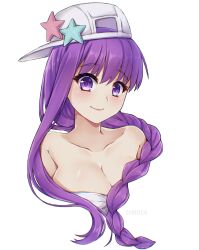 Rule 34 | 1girl, asymmetrical hair, bandeau, bare shoulders, baseball cap, bb (fate), bb (fate) (all), bb (swimsuit mooncancer) (fate), bb (swimsuit mooncancer) (first ascension) (fate), blush, braid, breasts, cleavage, collarbone, fate/grand order, fate (series), hat, hat ornament, highres, large breasts, long hair, looking at viewer, purple eyes, purple hair, single braid, smile, solo, star (symbol), star hat ornament, symoca, upper body, very long hair, white hat
