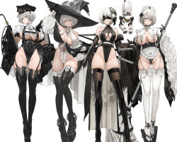 Rule 34 | 1girl, 2b (nier:automata), absurdres, alternate costume, apron, bare shoulders, black blindfold, black bow, black footwear, black gloves, black headwear, black leotard, black ribbon, blindfold, blue eyes, boots, bow, breasts, cameltoe, cleavage, closed mouth, clothing cutout, commentary, covered erect nipples, covered eyes, cross, detached sleeves, dishwasher1910, dress, elbow gloves, english commentary, fingerless gloves, floating, frilled apron, frilled sleeves, frills, full body, fur trim, garter straps, geta, gloves, gluteal fold, groin, hat, high heel boots, high heels, highleg, highleg leotard, highres, holding, holding mop, katana, large breasts, large hat, leotard, lineup, long legs, long sleeves, looking at viewer, maid headdress, mask, mask on head, mop, multiple views, nier:automata, nier (series), ninja, no bra, no panties, parted bangs, pelvic curtain, platform footwear, pod (nier:automata), puffy short sleeves, puffy sleeves, revealing clothes, ribbon, see-through, short hair, short sleeves, simple background, skindentation, sleeves past fingers, sleeves past wrists, standing, sword, tabi, thigh boots, thighhighs, thighs, waist apron, wand, weapon, whip, white apron, white background, white hair, white leotard, white ribbon, white thighhighs, wide sleeves, witch hat