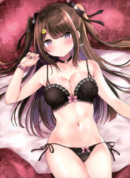 Rule 34 | 1girl, absurdres, arm up, bare arms, bare shoulders, black bra, black choker, black panties, bow, bra, breasts, brown hair, choker, cleavage, collarbone, emoji, hair bow, hair ornament, hairclip, hand up, highres, lace, lace-trimmed bra, lace trim, lingerie, long hair, looking at viewer, lying, masayo (gin no ame), medium breasts, multicolored nails, nail art, nail polish, navel, on back, original, panties, parted lips, pleading face emoji, purple eyes, side-tie panties, solo, spaghetti strap, stomach, string bra, string panties, thighs, two side up, underwear, underwear only, wristband