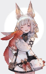 Rule 34 | 1girl, ;d, absurdres, animal ear fluff, animal ears, blush, book, braid, character request, commentary request, commission, cowboy shot, creature, dress, fang, final fantasy, final fantasy xiv, grey hair, highres, holding, kemomin nosuke, long hair, long sleeves, moogle, one eye closed, open mouth, pointy ears, puffy long sleeves, puffy sleeves, purple eyes, skeb commission, sleeves past wrists, smile, sparkle, standing, white dress