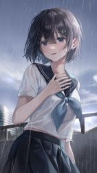 Rule 34 | 1girl, black hair, black skirt, blue sailor collar, blunt bangs, building, cloud, collarbone, commentary request, crying, crying with eyes open, dot nose, from below, hair ornament, hairclip, hand on own chest, highres, looking at viewer, midriff peek, mountainous horizon, myowa, original, outdoors, parted lips, pleated skirt, purple eyes, railing, rain, sailor collar, school uniform, serafuku, short hair, skirt, sky, solo, standing, tears, wet, white serafuku