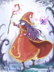 Rule 34 | 1girl, absurdres, butterfly wings, female focus, green eyes, hat, highres, insect wings, league of legends, lulu (league of legends), open mouth, purple hair, smile, solo, staff, wings, witch hat