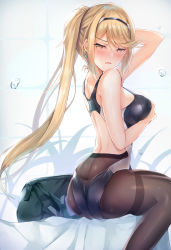Rule 34 | 1girl, alternate costume, arm behind head, arm up, ass, back, bag, black one-piece swimsuit, black pantyhose, blonde hair, blush, breasts, competition swimsuit, duffel bag, earrings, embarrassed, from side, gem, hair between eyes, hairband, half-closed eyes, hand on own chest, indoors, inoue takuya (tactactak), jewelry, large breasts, long hair, looking at viewer, looking back, lying, mythra (massive melee) (xenoblade), mythra (xenoblade), nintendo, one-piece swimsuit, pantyhose, pantyhose under swimsuit, parted bangs, parted lips, ponytail, shadow, sidelocks, silhouette, sitting, solo, straight hair, swept bangs, swimsuit, thighband pantyhose, thighs, tsundere, v-shaped eyebrows, very long hair, wavy mouth, wet, white one-piece swimsuit, xenoblade chronicles (series), xenoblade chronicles 2, yellow eyes