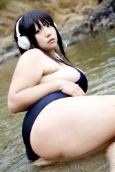 Rule 34 | 1girl, asian, ass, black hair, blue eyes, breasts, chouzuki maryou, cosplay, headphones, hip focus, huge ass, idumi hoshi, idumi hoshi (cosplay), large breasts, little mermaid alone, one-piece swimsuit, photo (medium), plump, solo, swimsuit, thick thighs, thighs, wide hips