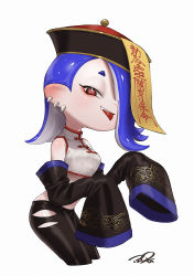 Rule 34 | 1girl, absurdres, alternate costume, blue hair, chinese clothes, cropped legs, detached sleeves, ear piercing, earrings, hair over one eye, hat, highres, jiangshi costume, long sleeves, nintendo, octoling, ofuda, open mouth, piercing, puchiman, red eyes, shiver (splatoon), smile, solo, splatoon (series), splatoon 3, tentacle hair, tongue, tongue out, tooth earrings, torn clothes, torn legwear, white background