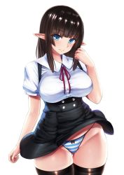 Rule 34 | 1girl, black hair, black thighhighs, blouse, blue eyes, blue panties, blunt bangs, blush, breasts, closed mouth, cowboy shot, curvy, gluteal fold, high-waist skirt, ishimiso (ishimura), large breasts, long hair, looking at viewer, meme attire, neck ribbon, original, panties, pointy ears, revision, ribbon, shirt, simple background, skirt, smile, solo, standing, striped clothes, striped panties, suspender skirt, suspenders, thigh gap, thighhighs, thighs, underbust, underwear, virgin killer outfit, white background, white shirt, wide hips, wind, wind lift
