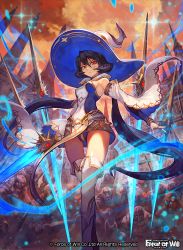 Rule 34 | 1girl, bare shoulders, breasts, collar, copyright name, dress, fire, force of will, hat, lack, long hair, medium breasts, multiple swords, official art, panties, pantyshot, purple hair, red eyes, short dress, solo, standing, sword, underwear, very long hair, weapon, witch hat