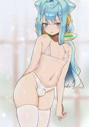 Rule 34 | 10s, 1boy, absurdres, androgynous, bare arms, bare shoulders, bikini, blue eyes, blue hair, blush, bulge, closed mouth, curvy, hacka doll, hacka doll 3, highres, legs together, lemontea4311, long hair, looking at viewer, male focus, navel, ponytail, shiny skin, solo, standing, swimsuit, thighhighs, trap, very long hair, white bikini, white thighhighs