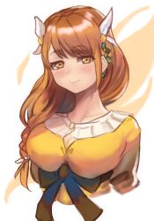 Rule 34 | 1girl, breasts, brown hair, fire emblem, fire emblem engage, goldmary (fire emblem), highres, large breasts, looking at viewer, nintendo, official alternate costume, r123, solo, swept bangs, upper body, yellow eyes