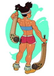 Rule 34 | 1girl, adapted costume, black hair, brown eyes, bunches, capcom, club (weapon), cutoffs, dark-skinned female, dark skin, dual wielding, earrings, full body, holding, holding club, jewelry, lily hawk, medium hair, moccasins, muscular, muscular female, native american, pink shorts, pogamoggan, pokkuti, shorts, smile, solo, standing, strapless, street fighter, street fighter 6, tassel, thick thighs, thighs, tube top, twintails, weapon