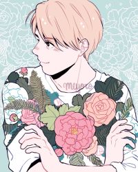 Rule 34 | 1boy, aqua background, artist name, bad id, bad instagram id, blonde hair, crossed arms, floral background, flower, highres, leaf, looking to the side, male focus, meyoco, pink flower, profile, short hair, smile, solo, sparkle, unmoving pattern, white flower, yuri!!! on ice, yuri plisetsky