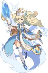 Rule 34 | 1girl, aqua eyes, arm up, artist request, blonde hair, blue dress, blue footwear, blue gemstone, blush, blush stickers, breasts, crystal, dress, female focus, frost, full body, gem, half-closed eyes, happy, hat, highres, holding, holding staff, ice, leg up, liesel (world flipper), light blush, long hair, long sleeves, looking at viewer, mitre, non-web source, official art, open mouth, outstretched arm, priest, sash, shoes, sidelocks, simple background, small breasts, smile, solo, sparkle, staff, standing, standing on one leg, thighhighs, transparent, transparent background, white hat, white thighhighs, wide sleeves, world flipper
