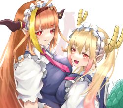 Rule 34 | 2girls, absurdres, ahoge, asymmetrical docking, blonde hair, blunt bangs, bow, breast press, crossover, dragon, dragon girl, dragon horns, dragon tail, dress, gloves, hairband, highres, holding hands, hololive, horn bow, horn ornament, horns, kiryu coco, kobayashi-san chi no maidragon, long hair, looking at viewer, maid, maid headdress, multicolored hair, multiple girls, open mouth, orange hair, pinafore dress, pointy ears, red eyes, sleeveless dress, streaked hair, symmetrical docking, tail, tohru (maidragon), trait connection, twintails, virtual youtuber, yo na