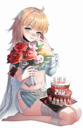 Rule 34 | 1girl, aa-12 (girls&#039; frontline), absurdres, ahoge, aqua eyes, bandage on leg, bandages, bandaid, bandaid on face, bandaid on nose, blonde hair, blush, bouquet, cake, eyebrows hidden by hair, flower, food, food on body, food on legs, full body, girls&#039; frontline, girls&#039; frontline neural cloud, hand to own mouth, highres, holding, holding bouquet, lind (neural cloud), long hair, navel, parted lips, seiza, sitting, smile, solo, teeth, upper teeth only, wan3051, white background