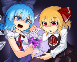 Rule 34 | blonde hair, blue eyes, blue hair, bow, cirno, darkness, embodiment of scarlet devil, fang, frozen, hair bow, ice, red eyes, ribbon, rumia, touhou, wings, yuucho