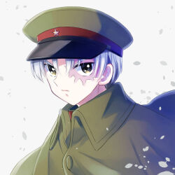 Rule 34 | 1boy, angry, black hair, breasts, burn scar, cloak, closed mouth, dafne, green cloak, green hat, hakubi (mao), hat, looking at viewer, male focus, mao (takahashi rumiko), military, military hat, military uniform, multicolored hair, petals, portrait, scar, scar on face, solo, streaked hair, uniform, white background, white hair, wind, yellow eyes