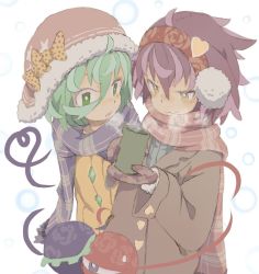 Rule 34 | 2girls, :3, ahoge, alternate costume, blowing, blue scarf, blue sweater, blush, bow, bright pupils, brown jacket, buttons, closed mouth, commentary, cup, diamond button, earmuffs, eyebrows hidden by hair, floral print, fur-trimmed headwear, fur trim, green eyes, green hair, guwinomi, hair between eyes, hair ornament, hat, hat bow, heart, heart button, heart hair ornament, heart of string, highres, holding, holding cup, jacket, komeiji koishi, komeiji satori, long sleeves, looking at object, messy hair, mittens, multiple girls, nose blush, parted lips, polka dot, polka dot bow, pom pom (clothes), purple hair, red headwear, red mittens, red scarf, rose print, scarf, short hair, siblings, simple background, sisters, steam, sweater, third eye, touhou, upper body, white background, white pupils, yellow bow, yellow eyes, yellow jacket, yunomi