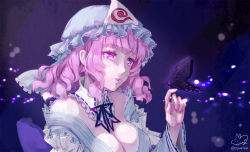 Rule 34 | 1girl, bad id, bad pixiv id, breasts, bug, butterfly, butterfly on hand, cleavage, commentary request, curly hair, dark background, detached collar, hat, insect, lace, long sleeves, looking away, medium breasts, medium hair, mob cap, nail polish, parted lips, pink eyes, pink hair, pink lips, pink nails, saigyouji yuyuko, solo, syuri22, touhou, twitter username, upper body