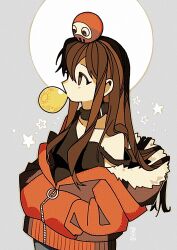 Rule 34 | 1girl, artist name, bare shoulders, black collar, black shirt, breasts, brown eyes, brown hair, blowing bubbles, chewing gum, collar, commentary, daruma doll, doll on head, from side, fur-trimmed hood, fur trim, grey background, hands in pockets, highres, hood, hood down, hooded jacket, jacket, long hair, long sleeves, looking away, off shoulder, orange jacket, original, partially unzipped, shirt, signature, sleeveless, sleeveless shirt, small breasts, solo, spaghetti strap, standing, star (symbol), strap slip, symbol-only commentary, tenteko mai51, upper body, zipper, zipper pull tab