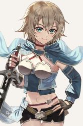 Rule 34 | 1girl, armor, blonde hair, blue eyes, breastplate, breasts, capelet, closed mouth, detached sleeves, fagi (kakikaki), fingerless gloves, gloves, hair between eyes, hand on own hip, holding, holding sword, holding weapon, looking at viewer, midriff, navel, philia (sao), short hair, short shorts, shorts, smile, sword, sword art online, sword art online: hollow fragment, weapon, white background