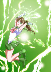 Rule 34 | 1990s (style), 1girl, :d, antennae, arms up, bishoujo senshi sailor moon, boots, bow, brown hair, choker, cross-laced footwear, elbow gloves, electricity, full body, gloves, green background, green eyes, green footwear, green skirt, green theme, hair bobbles, hair ornament, high heel boots, high heels, highres, jumping, kino makoto, lace-up boots, leotard, long hair, magical girl, miniskirt, open mouth, pink bow, pleated skirt, ponytail, ribbon, sailor collar, sailor jupiter, shoes, short hair, skirt, smile, solo, tiara, white gloves, yousukou (chinsukou)