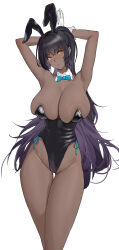 Rule 34 | 1girl, absurdres, animal ears, armpits, arms behind head, arms up, bare legs, bare shoulders, black hair, black leotard, blue archive, blue bow, blue bowtie, blush, bow, bowtie, breasts, cameltoe, cleavage, dark-skinned female, dark skin, detached collar, fake animal ears, fendai, gloves, gradient hair, hair between eyes, hand up, head tilt, highleg, highleg leotard, highres, huge breasts, karin (blue archive), karin (bunny) (blue archive), leotard, long hair, looking at viewer, multicolored hair, official alternate costume, playboy bunny, ponytail, purple hair, rabbit ears, skindentation, solo, strapless, strapless leotard, thigh gap, thighs, traditional bowtie, very long hair, white background, white gloves, yellow eyes
