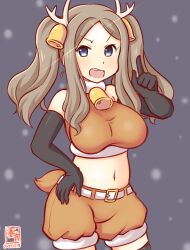 Rule 34 | 1girl, alternate breast size, alternate costume, animal costume, antlers, artist logo, asakaze (kancolle), bell, black gloves, blue eyes, breasts, cowboy shot, crop top, dated, elbow gloves, gloves, hair ornament, horns, jingle bell, kanon (kurogane knights), kantai collection, light brown hair, long hair, medium breasts, one-hour drawing challenge, open mouth, reindeer antlers, reindeer costume, shorts, simple background, solo, twintails, wavy hair