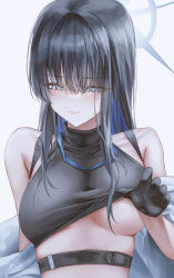 Rule 34 | 1girl, absurdres, averting eyes, black gloves, black hair, black shirt, blue archive, blue hair, blush, breasts, chest harness, clothes lift, coat, colored inner hair, gloves, halo, harness, highres, lifted by self, looking down, medium breasts, moda (mo da 3), multicolored hair, saori (blue archive), shirt, shirt lift, simple background, solo, straight hair, two-tone hair, underboob, upper body, white background, white coat